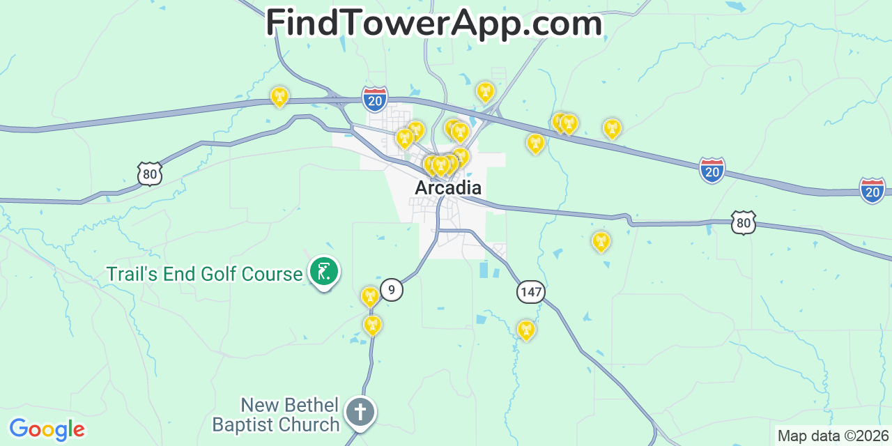 Map showing the 20 primary cell tower locations detected in Arcadia, Louisiana from AT&T, Verizon, and T-Mobile networks