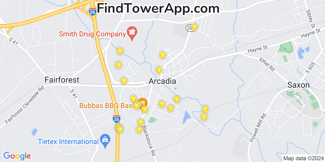 AT&T 4G/5G cell tower coverage map Arcadia, South Carolina