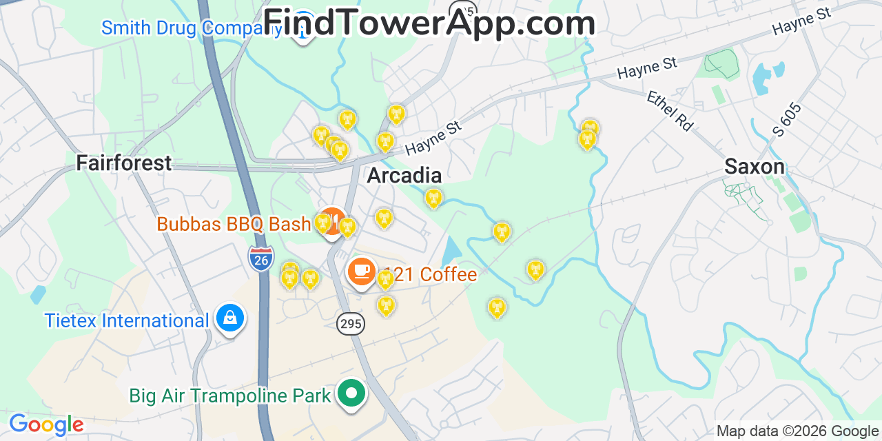 Map showing the 20 primary cell tower locations detected in Arcadia, South Carolina from AT&T, Verizon, and T-Mobile networks
