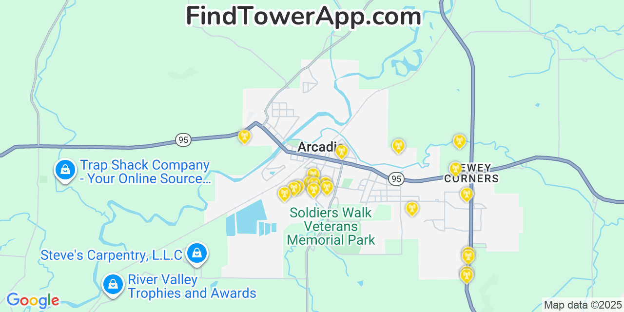 Map showing the 20 primary cell tower locations detected in Arcadia, Wisconsin from AT&T, Verizon, and T-Mobile networks