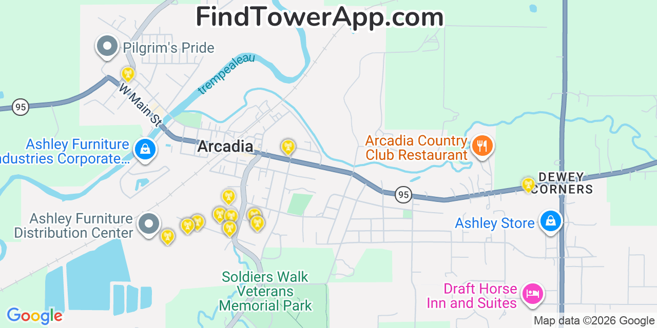 Map showing the 20 primary cell tower locations detected in Arcadia, Wisconsin from AT&T, Verizon, and T-Mobile networks