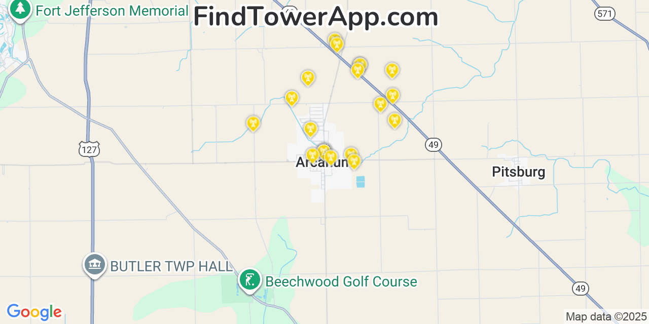 Map showing the 20 primary cell tower locations detected in Arcanum, Ohio from AT&T, Verizon, and T-Mobile networks