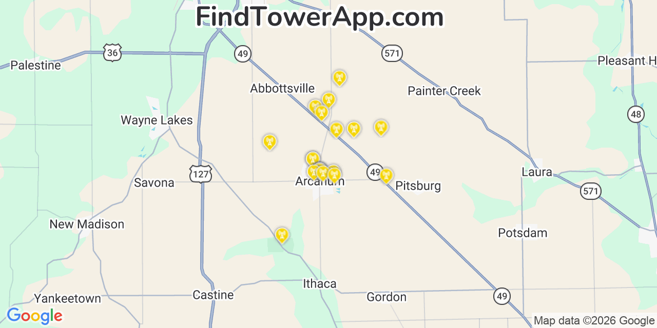 Map showing the 20 primary cell tower locations detected in Arcanum, Ohio from AT&T, Verizon, and T-Mobile networks