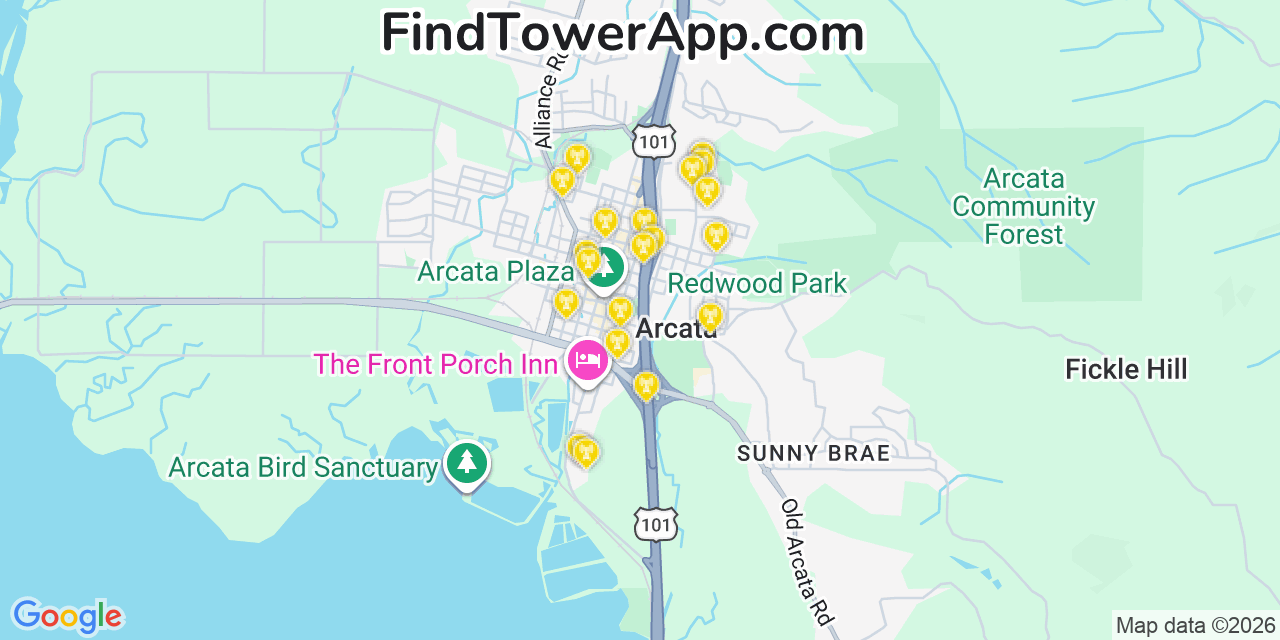 Map showing the 20 primary cell tower locations detected in Arcata, California from AT&T, Verizon, and T-Mobile networks