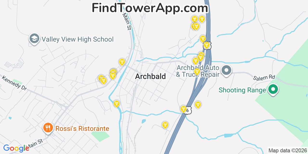 Map showing the 20 primary cell tower locations detected in Archbald, Pennsylvania from AT&T, Verizon, and T-Mobile networks
