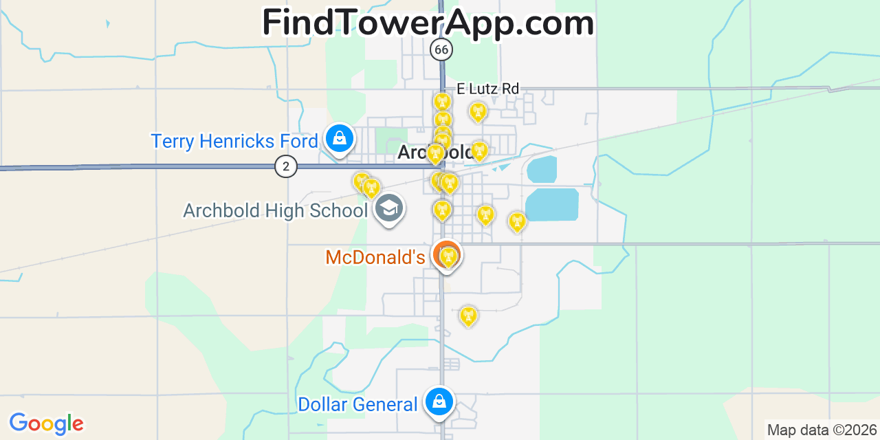 Map showing the 20 primary cell tower locations detected in Archbold, Ohio from AT&T, Verizon, and T-Mobile networks