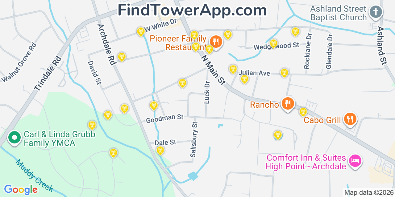 Map showing the 20 primary cell tower locations detected in Archdale, North Carolina from AT&T, Verizon, and T-Mobile networks