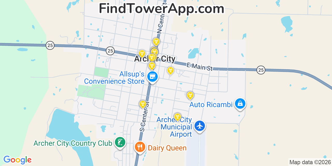 Map showing the 20 primary cell tower locations detected in Archer City, Texas from AT&T, Verizon, and T-Mobile networks