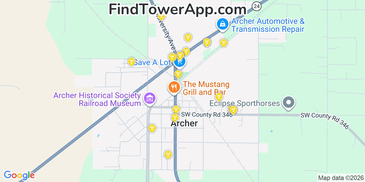 Map showing the 20 primary cell tower locations detected in Archer, Florida from AT&T, Verizon, and T-Mobile networks