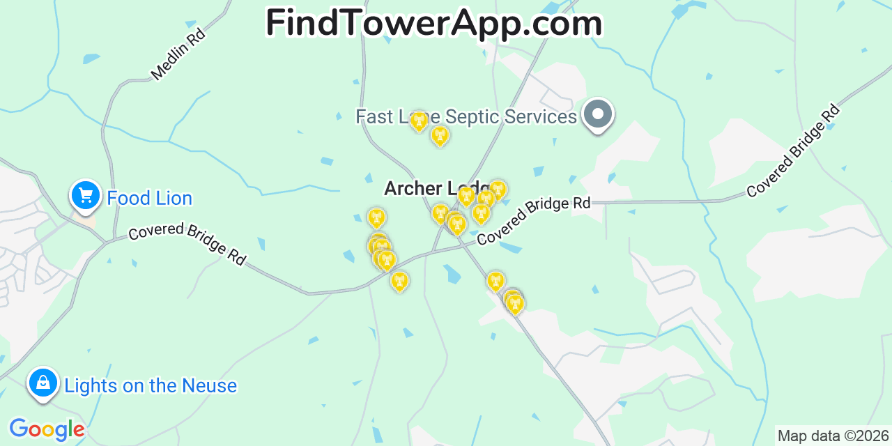 Map showing the 20 primary cell tower locations detected in Archer Lodge, North Carolina from AT&T, Verizon, and T-Mobile networks