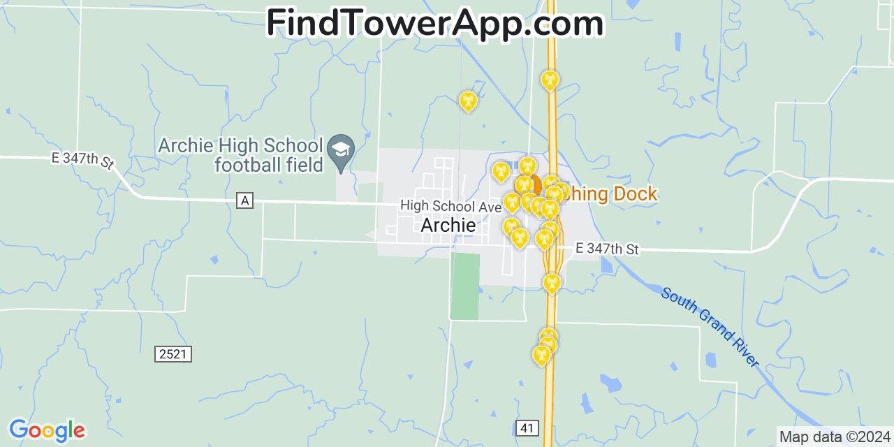 AT&T 4G/5G cell tower coverage map Archie, Missouri