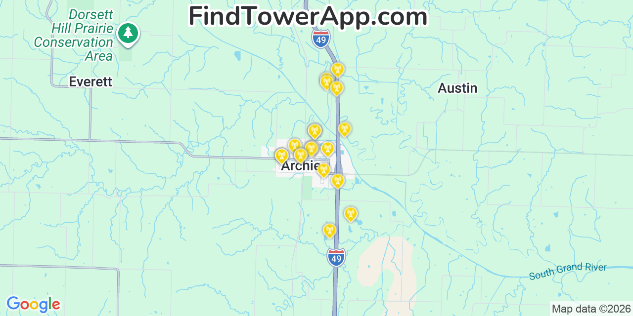 Map showing the 20 primary cell tower locations detected in Archie, Missouri from AT&T, Verizon, and T-Mobile networks