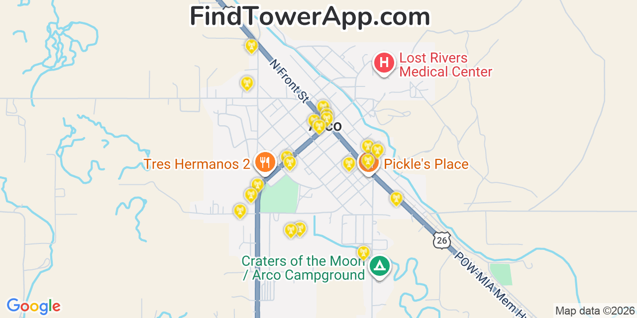 Map showing the 20 primary cell tower locations detected in Arco, Idaho from AT&T, Verizon, and T-Mobile networks
