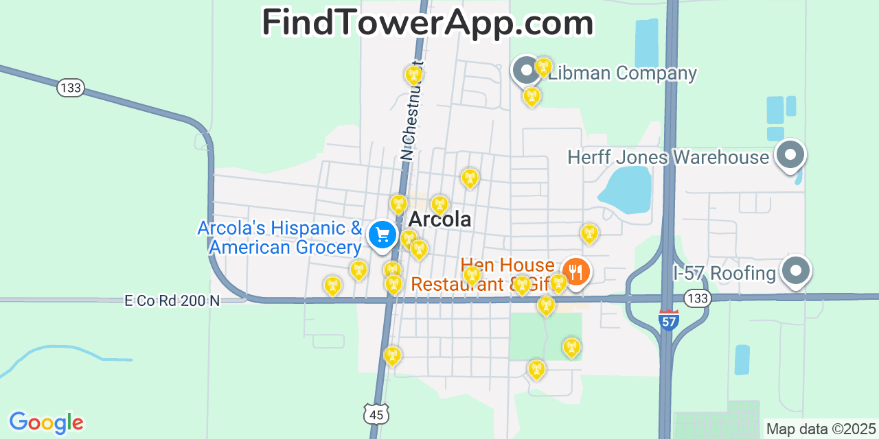 Map showing the 20 primary cell tower locations detected in Arcola, Illinois from AT&T, Verizon, and T-Mobile networks