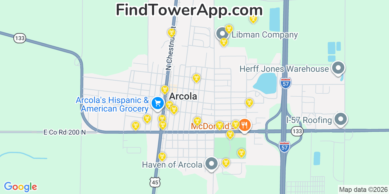Map showing the 20 primary cell tower locations detected in Arcola, Illinois from AT&T, Verizon, and T-Mobile networks