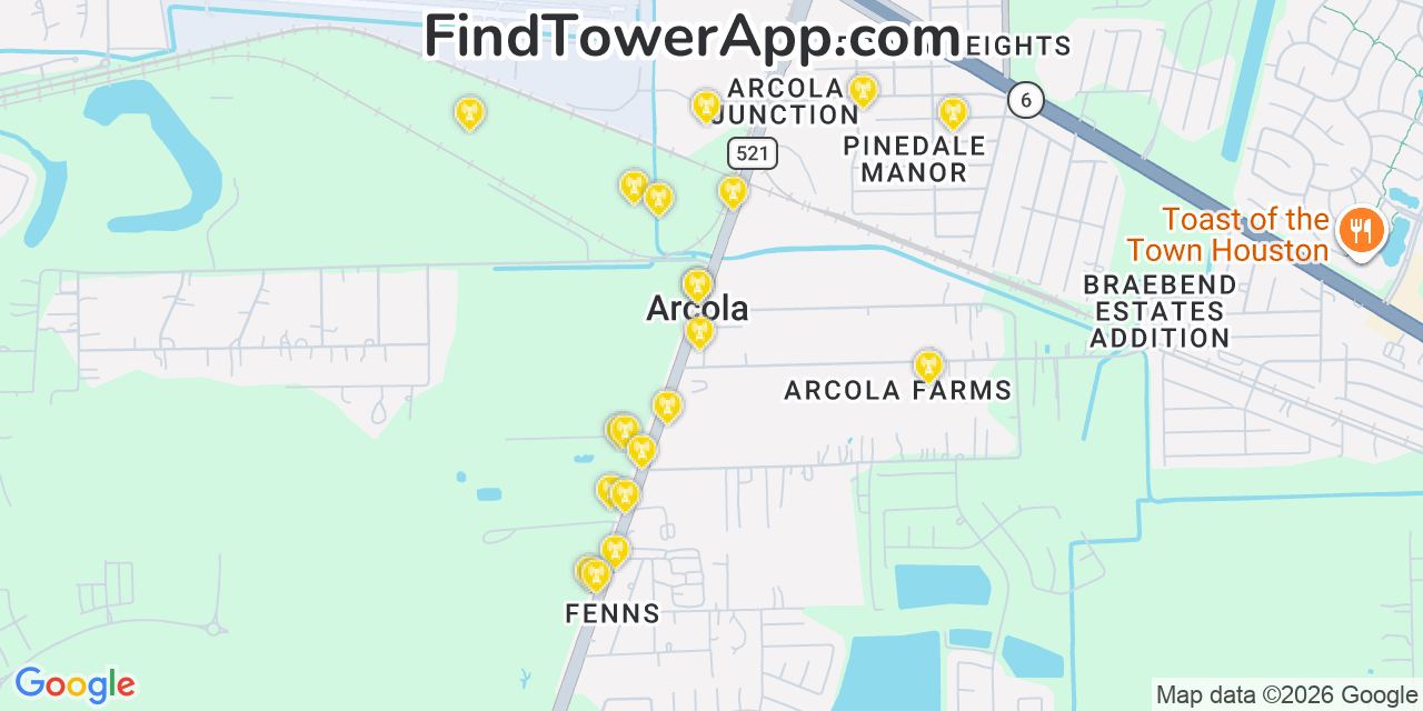 Map showing the 20 primary cell tower locations detected in Arcola, Texas from AT&T, Verizon, and T-Mobile networks