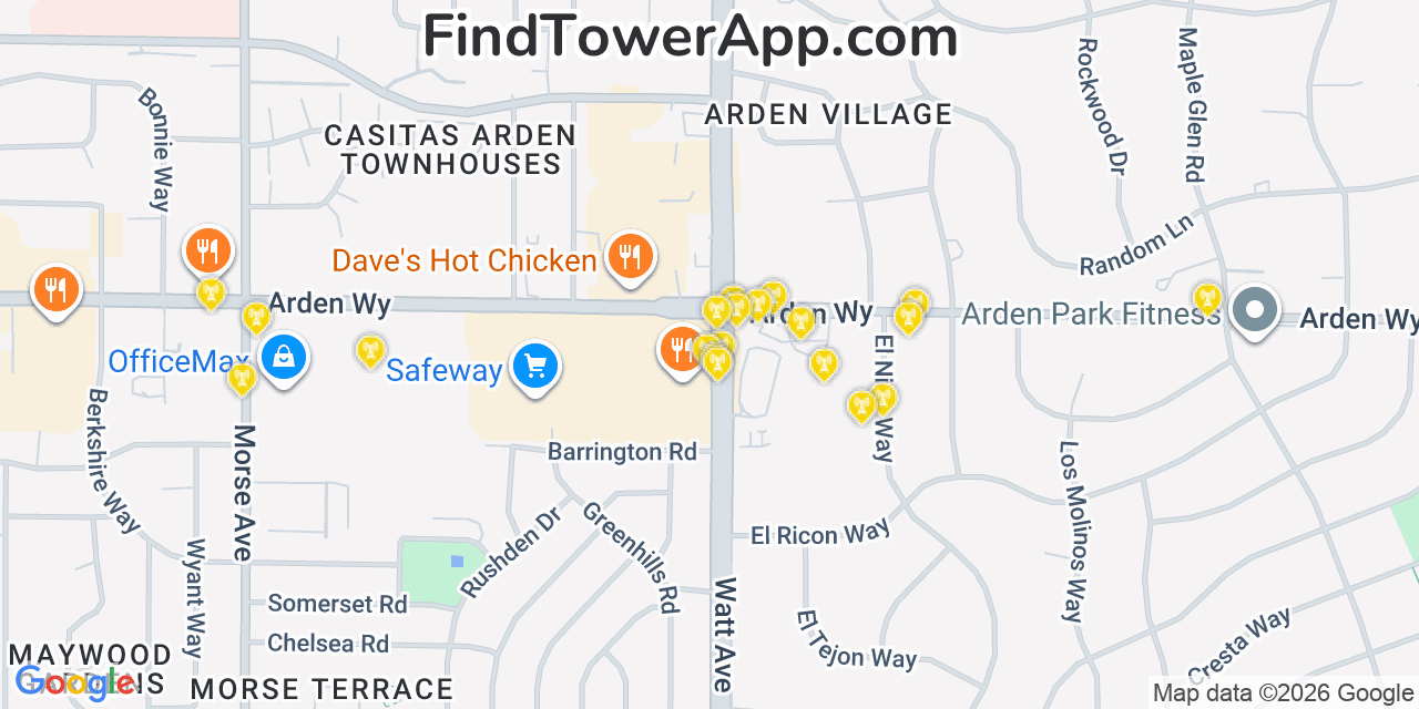 Map showing the 20 primary cell tower locations detected in Arden Arcade, California from AT&T, Verizon, and T-Mobile networks