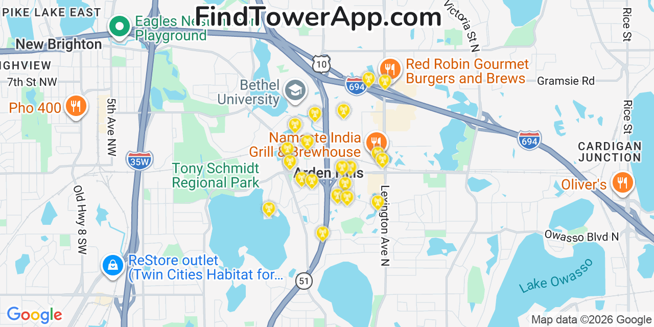 Map showing the 20 primary cell tower locations detected in Arden Hills, Minnesota from AT&T, Verizon, and T-Mobile networks