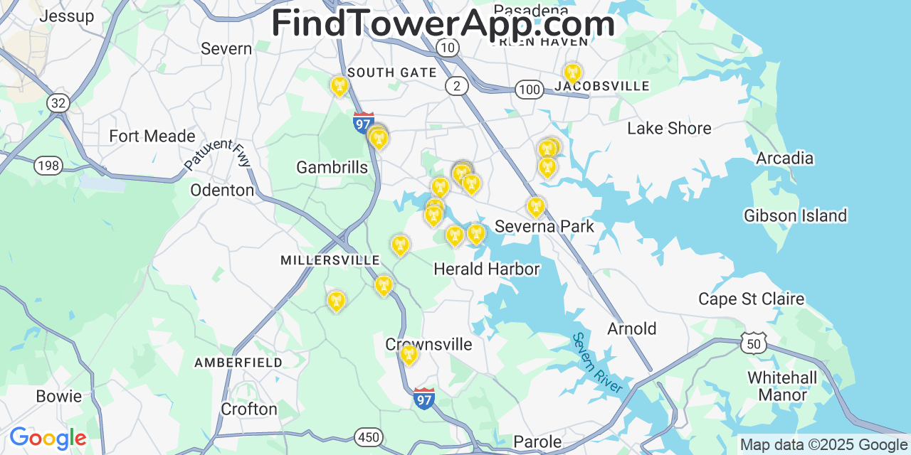 Map showing the 23 primary AT&T cell tower locations detected in Arden On The Severn, Maryland with coverage radius and signal strength indicators