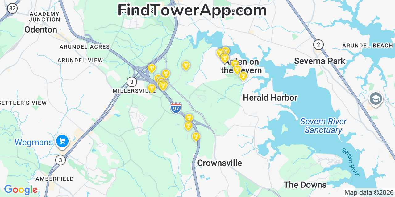 Map showing the 20 primary cell tower locations detected in Arden On The Severn, Maryland from AT&T, Verizon, and T-Mobile networks