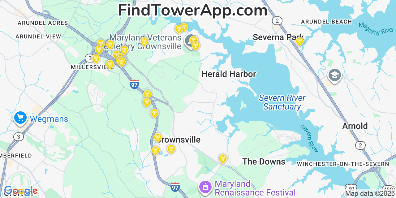Map showing the 24 primary T-Mobile cell tower locations detected in Arden On The Severn, Maryland with coverage radius and signal strength indicators