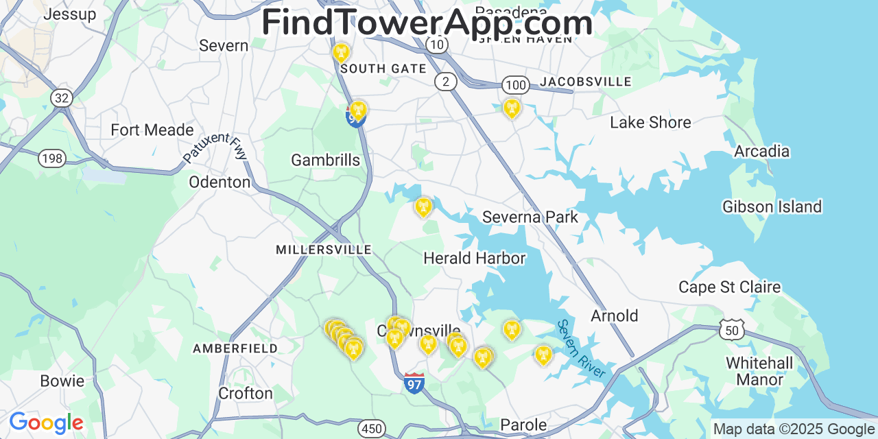 Map showing the 21 primary Verizon cell tower locations detected in Arden On The Severn, Maryland with coverage radius and signal strength indicators