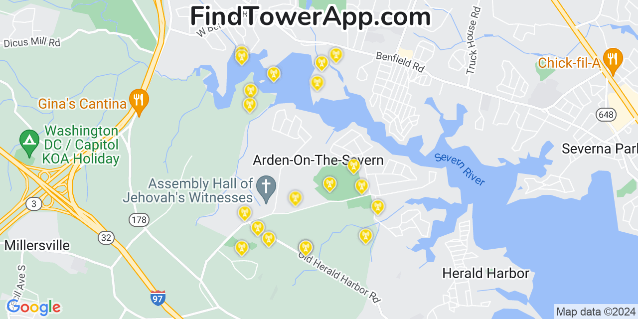 Verizon 4G/5G cell tower coverage map Arden on the Severn, Maryland