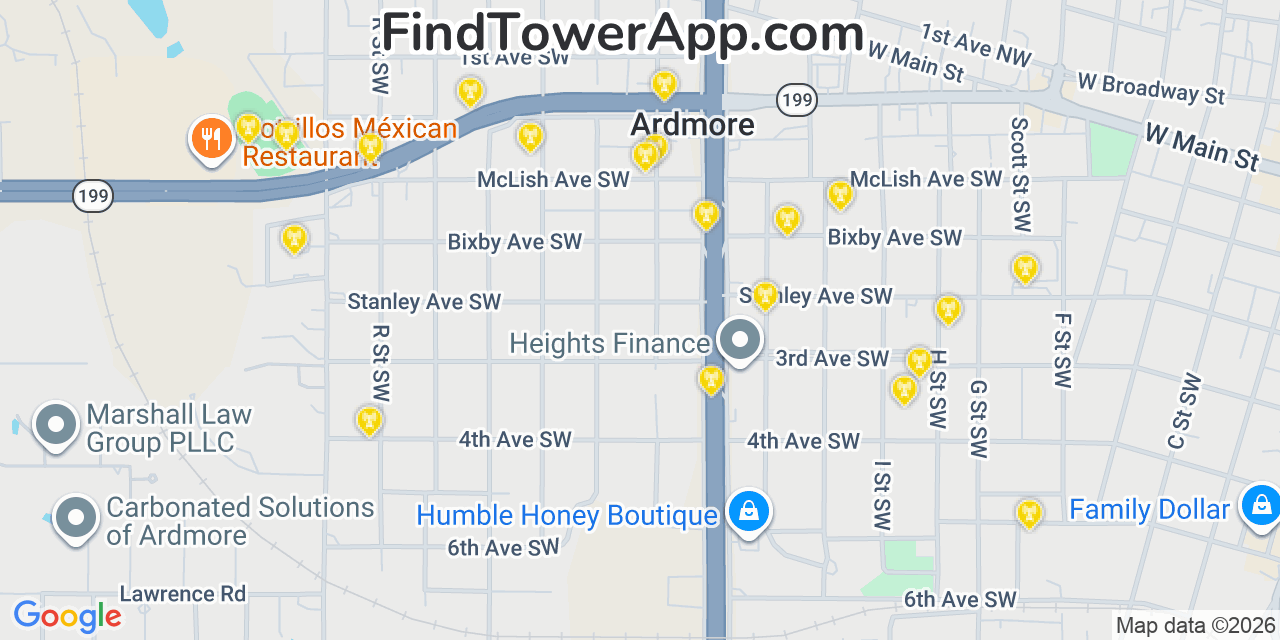 Map showing the 20 primary cell tower locations detected in Ardmore, Oklahoma from AT&T, Verizon, and T-Mobile networks