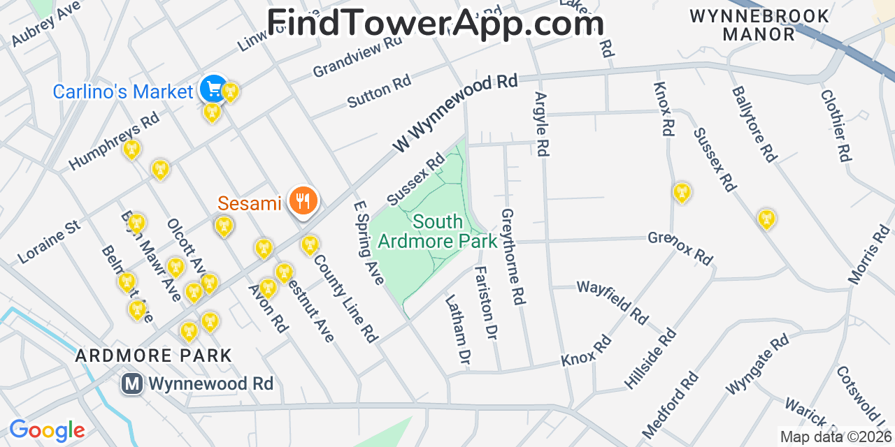 Map showing the 20 primary cell tower locations detected in Ardmore, Pennsylvania from AT&T, Verizon, and T-Mobile networks