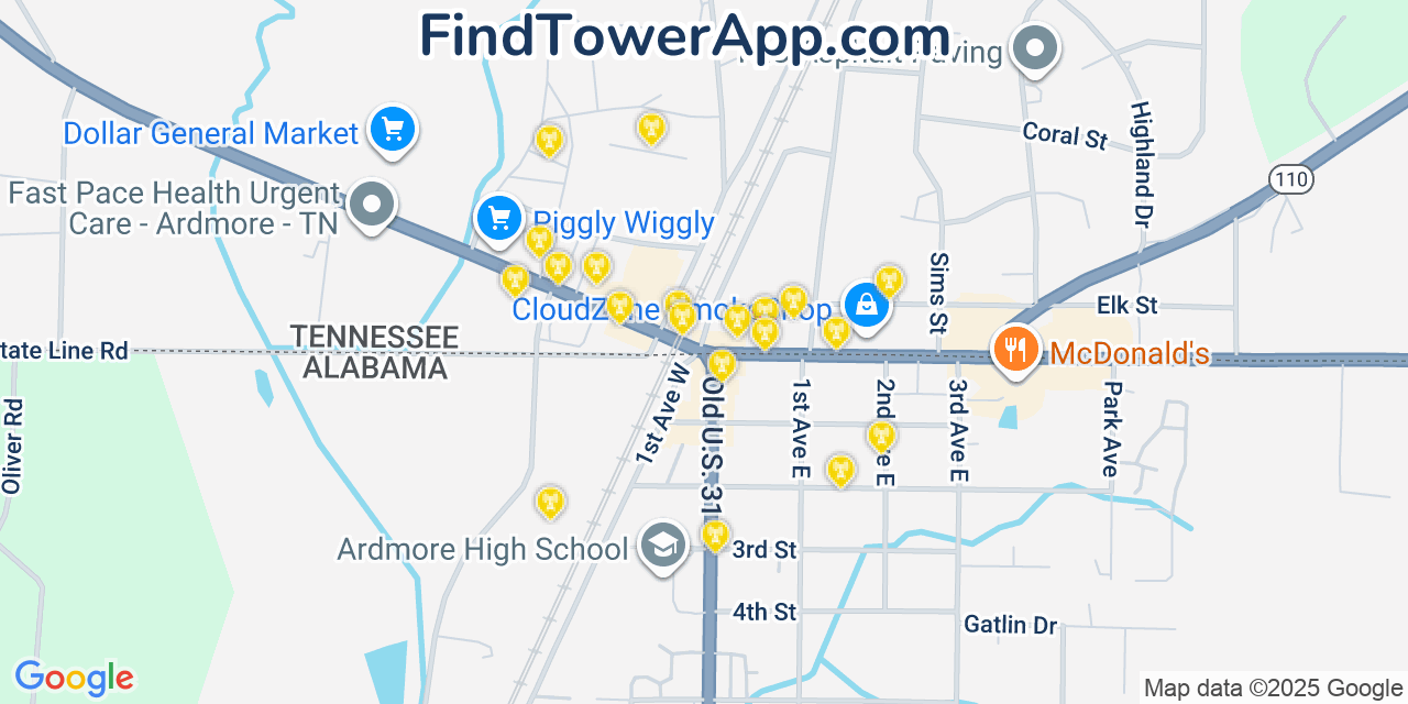 Map showing the 20 primary cell tower locations detected in Ardmore, Tennessee from AT&T, Verizon, and T-Mobile networks