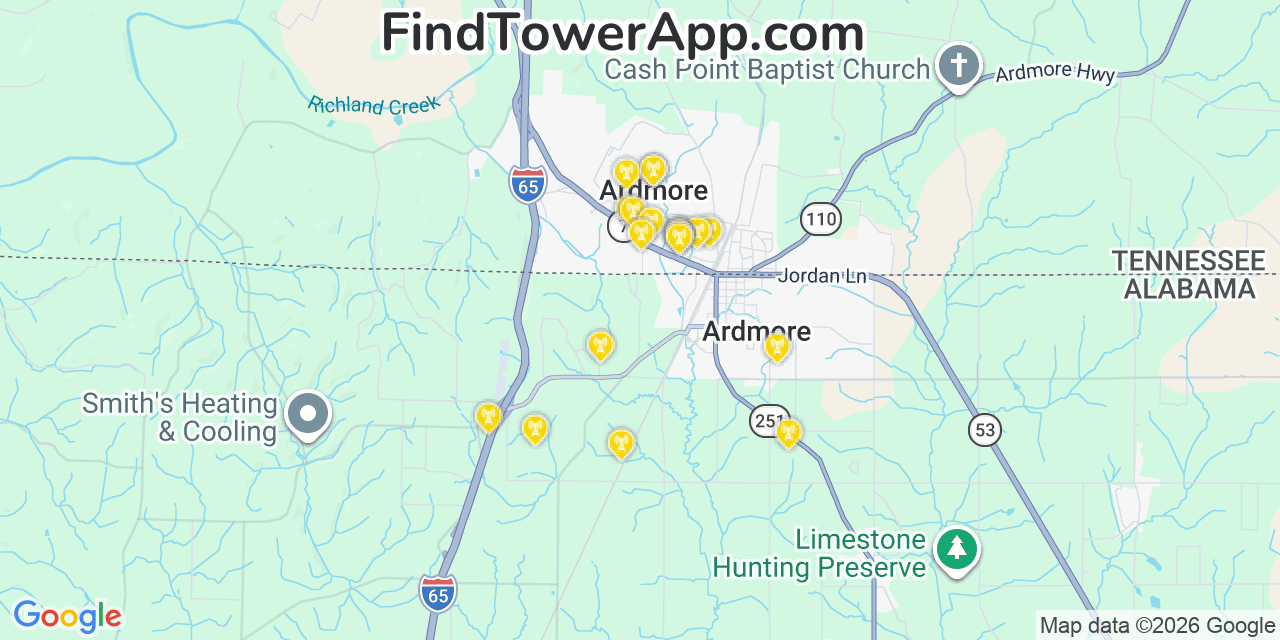 Map showing the 20 primary cell tower locations detected in Ardmore, Tennessee from AT&T, Verizon, and T-Mobile networks
