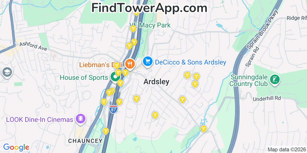Map showing the 20 primary cell tower locations detected in Ardsley, New York from AT&T, Verizon, and T-Mobile networks
