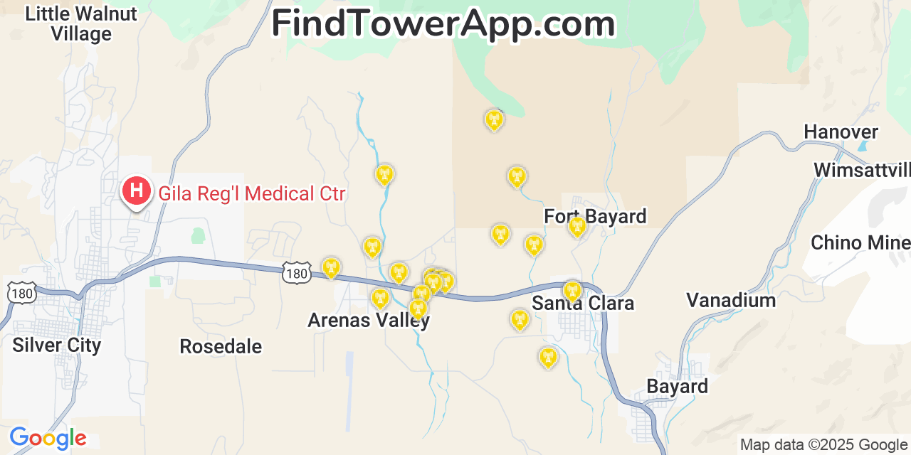 Map showing the 20 primary cell tower locations detected in Arenas Valley, New Mexico from AT&T, Verizon, and T-Mobile networks