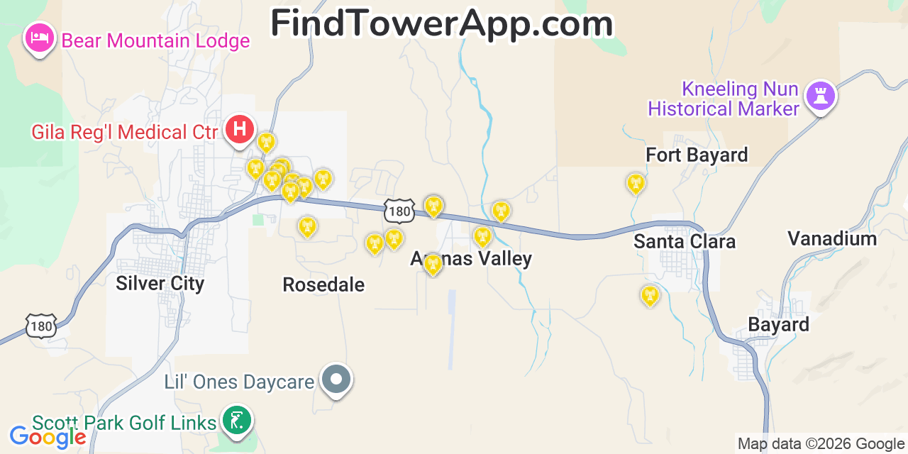 Map showing the 20 primary cell tower locations detected in Arenas Valley, New Mexico from AT&T, Verizon, and T-Mobile networks