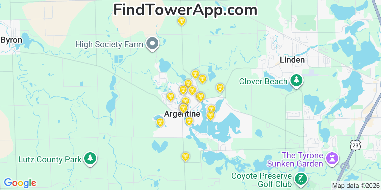Map showing the 20 primary cell tower locations detected in Argentine, Michigan from AT&T, Verizon, and T-Mobile networks