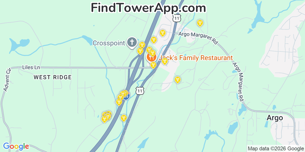 Map showing the 20 primary cell tower locations detected in Argo, Alabama from AT&T, Verizon, and T-Mobile networks