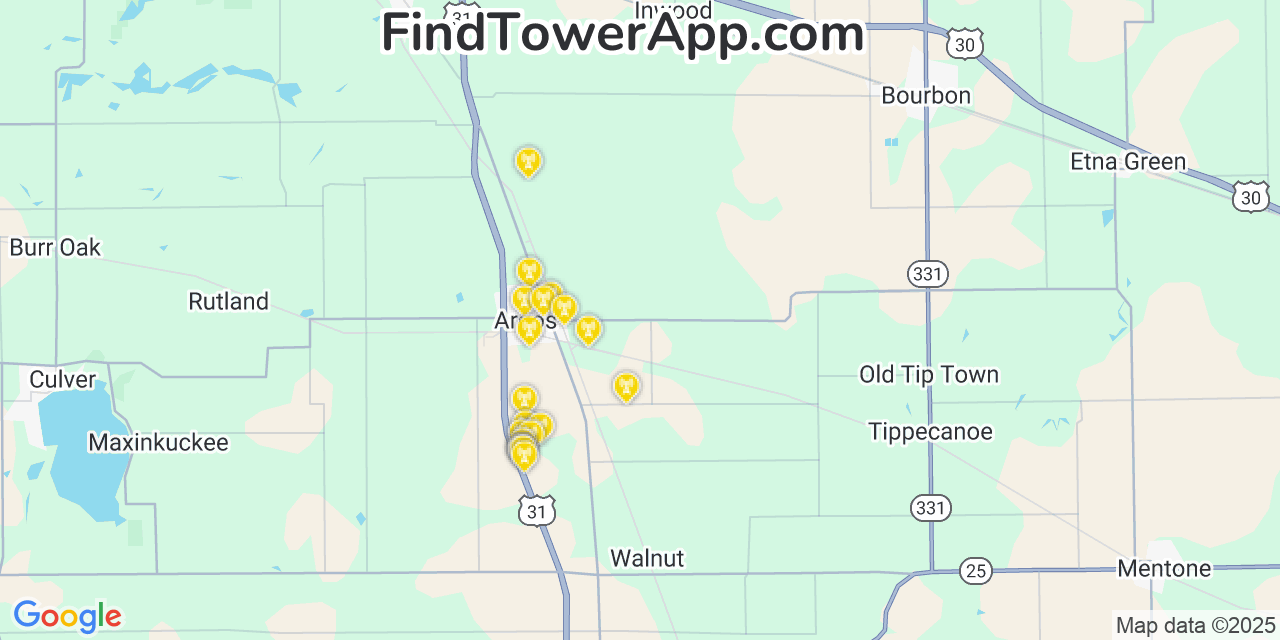 Map showing the 20 primary cell tower locations detected in Argos, Indiana from AT&T, Verizon, and T-Mobile networks