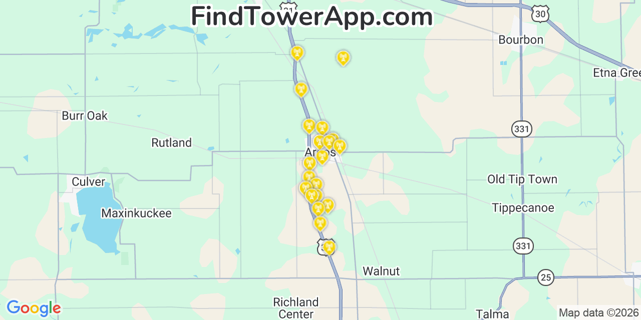 Map showing the 20 primary cell tower locations detected in Argos, Indiana from AT&T, Verizon, and T-Mobile networks