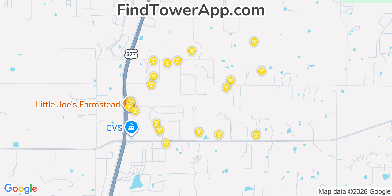 Map showing the 20 primary cell tower locations detected in Argyle, Texas from AT&T, Verizon, and T-Mobile networks