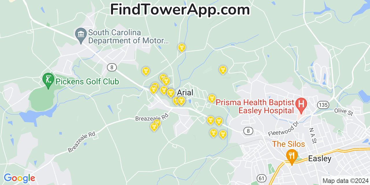 AT&T 4G/5G cell tower coverage map Arial, South Carolina