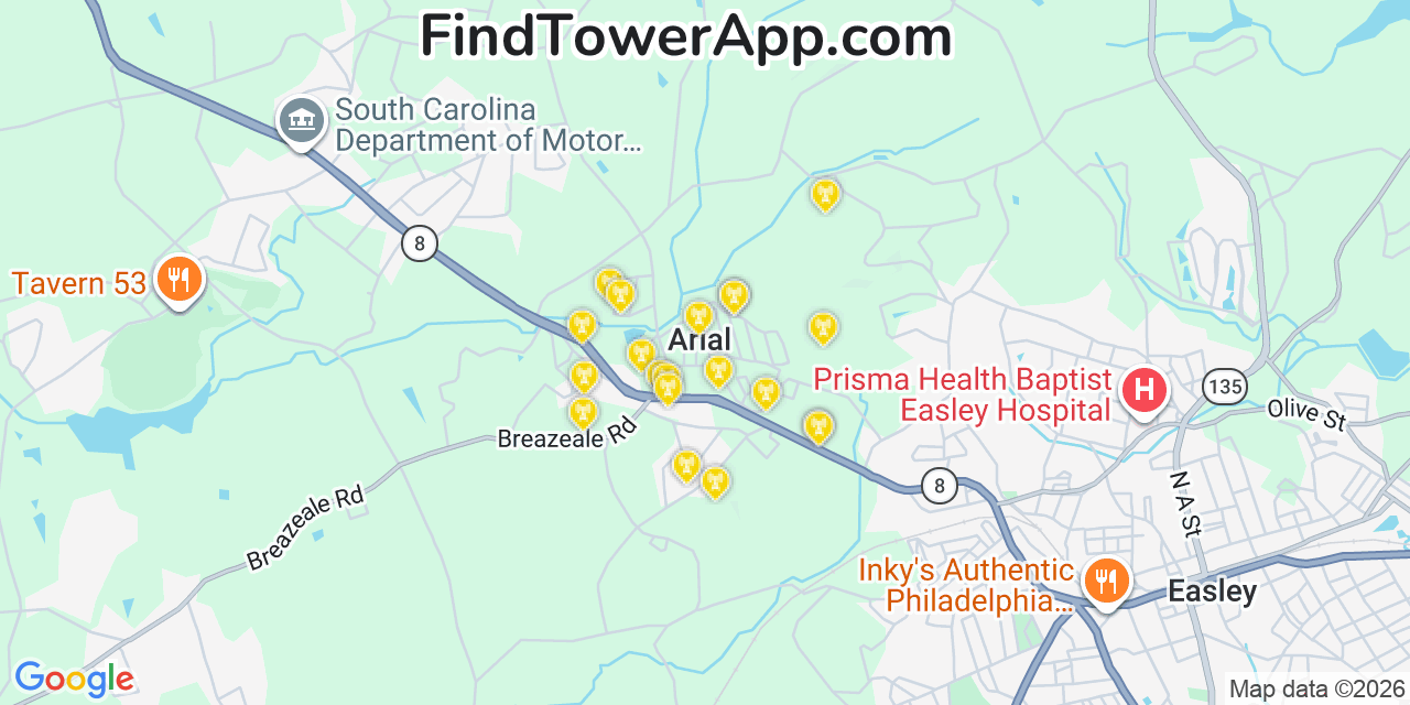 Map showing the 20 primary cell tower locations detected in Arial, South Carolina from AT&T, Verizon, and T-Mobile networks