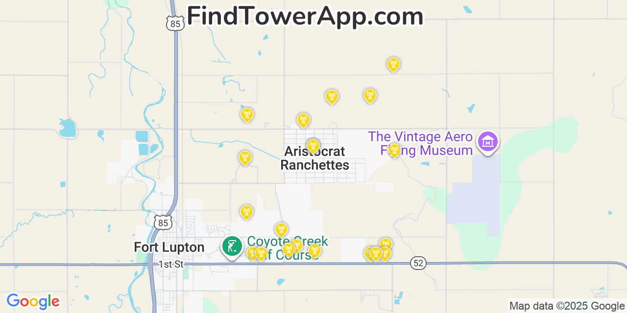 Map showing the 20 primary cell tower locations detected in Aristocrat Ranchettes, Colorado from AT&T, Verizon, and T-Mobile networks