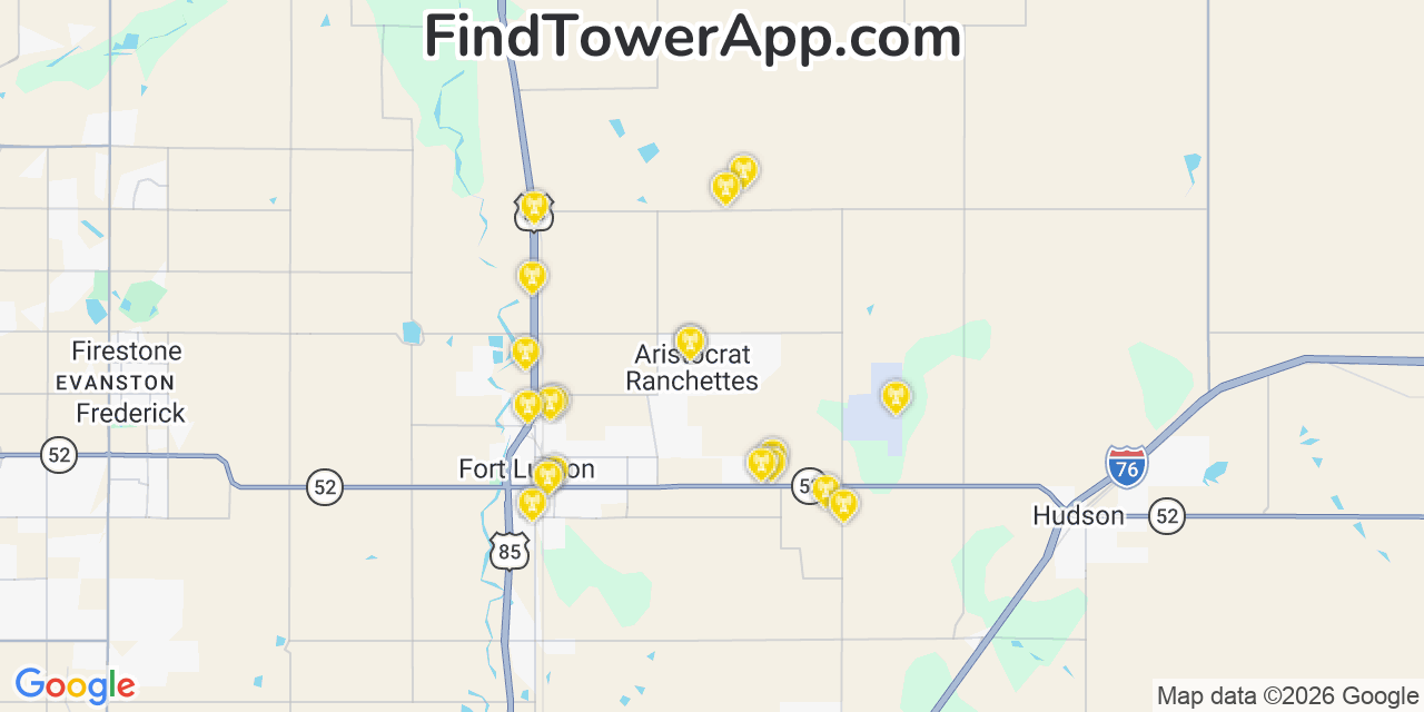 Map showing the 20 primary cell tower locations detected in Aristocrat Ranchettes, Colorado from AT&T, Verizon, and T-Mobile networks