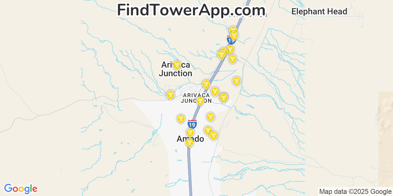 Map showing the 20 primary cell tower locations detected in Arivaca Junction, Arizona from AT&T, Verizon, and T-Mobile networks