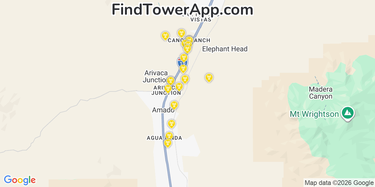 Map showing the 20 primary cell tower locations detected in Arivaca Junction, Arizona from AT&T, Verizon, and T-Mobile networks
