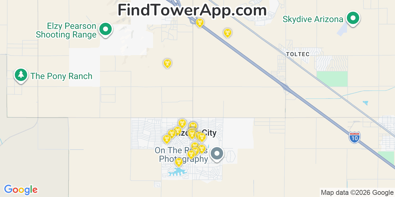 Map showing the 20 primary cell tower locations detected in Arizona City, Arizona from AT&T, Verizon, and T-Mobile networks
