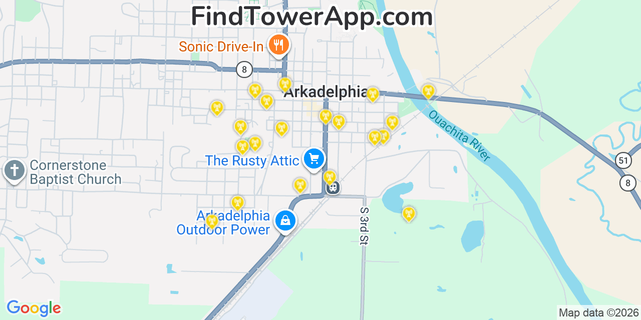 Map showing the 20 primary cell tower locations detected in Arkadelphia, Arkansas from AT&T, Verizon, and T-Mobile networks