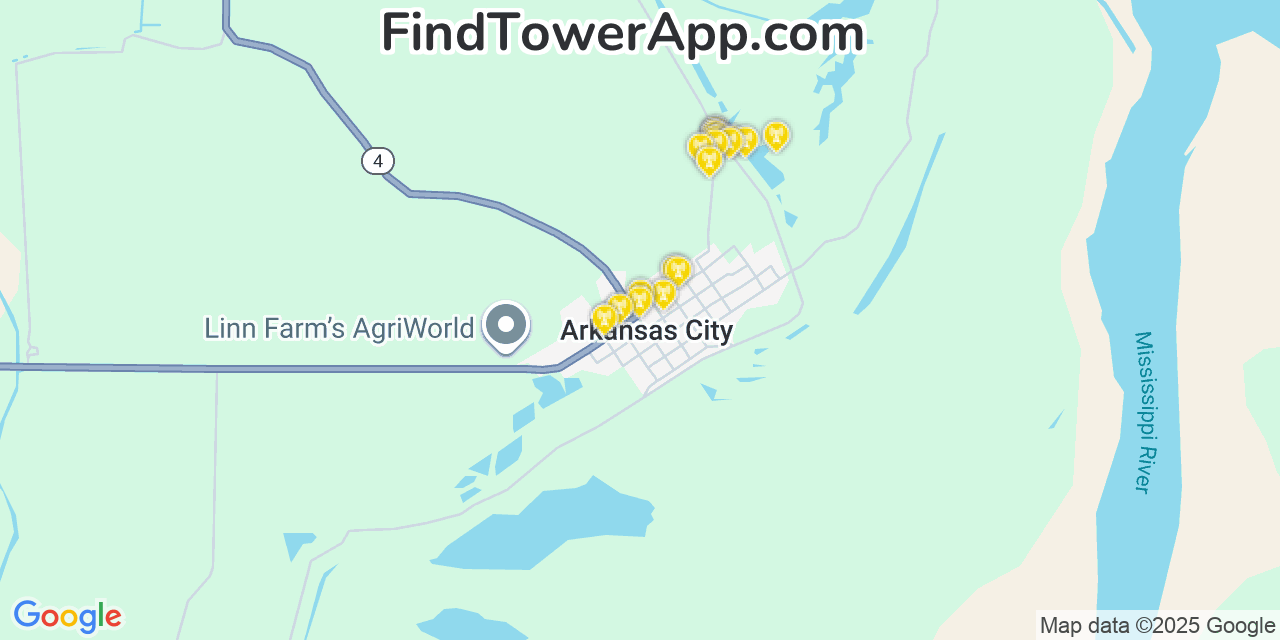 Map showing the 20 primary cell tower locations detected in Arkansas City, Arkansas from AT&T, Verizon, and T-Mobile networks