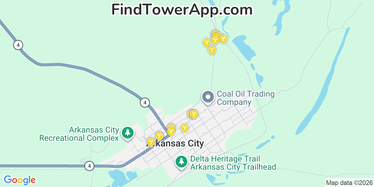 Map showing the 20 primary cell tower locations detected in Arkansas City, Arkansas from AT&T, Verizon, and T-Mobile networks