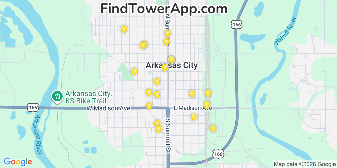 Map showing the 20 primary cell tower locations detected in Arkansas City, Kansas from AT&T, Verizon, and T-Mobile networks